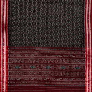 Black Orissa Cotton Saree With Tie & Dye Motifs & Contrast Crimson Border