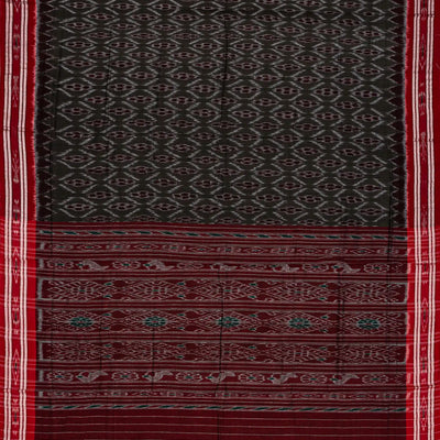 Black Orissa Cotton Saree With Tie & Dye Motifs & Contrast Crimson Border