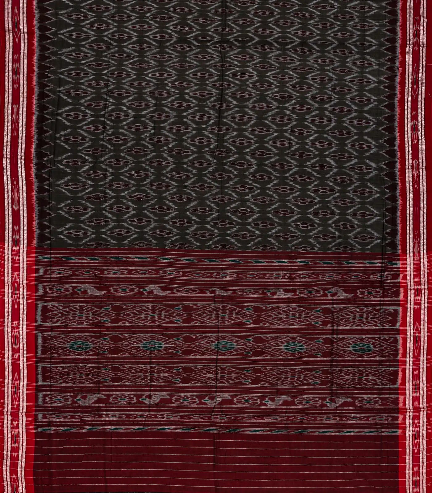 Black Orissa Cotton Saree With Tie & Dye Motifs & Contrast Crimson Border