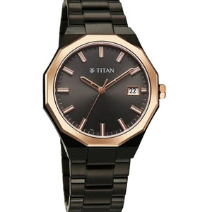 Titan Regalia Dodecagon Quartz Analog with Date Grey Dial Black Stainless Steel Strap Watch For Men 40mm 90212KM02