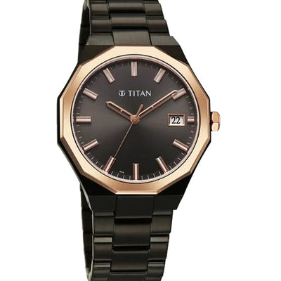 Titan Regalia Dodecagon Quartz Analog with Date Grey Dial Black Stainless Steel Strap Watch For Men 40mm 90212KM02