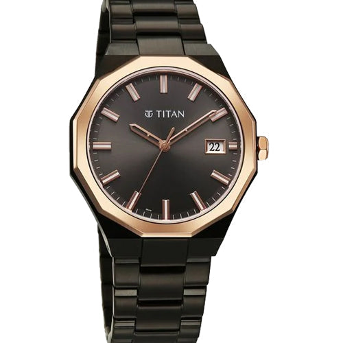 Titan Regalia Dodecagon Quartz Analog with Date Grey Dial Black Stainless Steel Strap Watch For Men 40mm 90212KM02