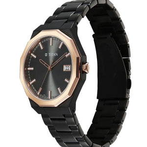 Titan Regalia Dodecagon Quartz Analog with Date Grey Dial Black Stainless Steel Strap Watch For Men 40mm 90212KM02