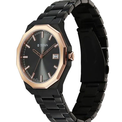 Titan Regalia Dodecagon Quartz Analog with Date Grey Dial Black Stainless Steel Strap Watch For Men 40mm 90212KM02