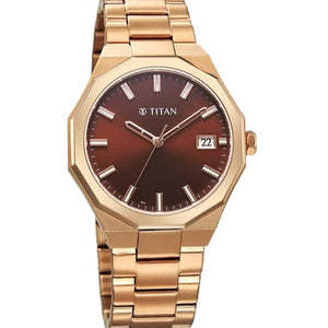 Titan Regalia Dodecagon Quartz Analog with Date Brown Dial Rose Gold Stainless Steel Strap Watch For Men 40mm 90212WM01