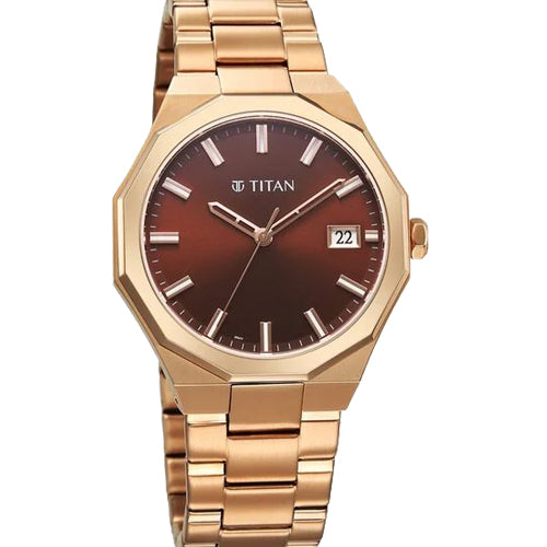 Titan Regalia Dodecagon Quartz Analog with Date Brown Dial Rose Gold Stainless Steel Strap Watch For Men 40mm 90212WM01