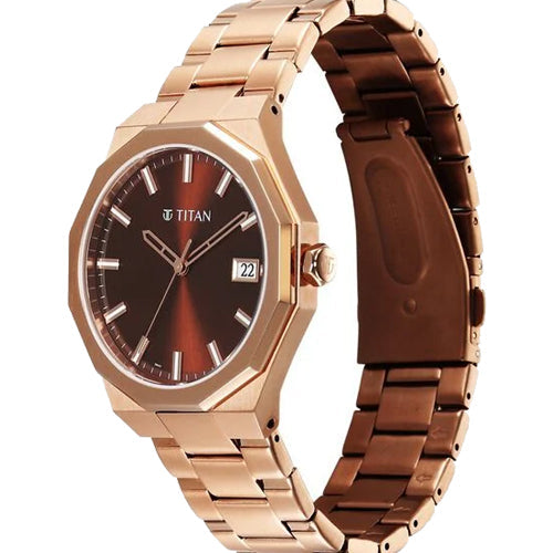 Titan Regalia Dodecagon Quartz Analog with Date Brown Dial Rose Gold Stainless Steel Strap Watch For Men 40mm 90212WM01