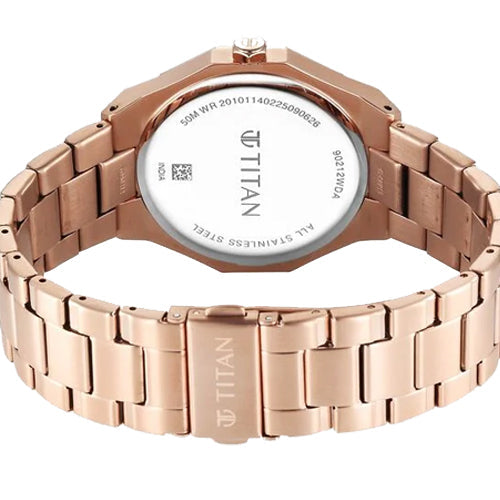 Titan Regalia Dodecagon Quartz Analog with Date Brown Dial Rose Gold Stainless Steel Strap Watch For Men 40mm 90212WM01