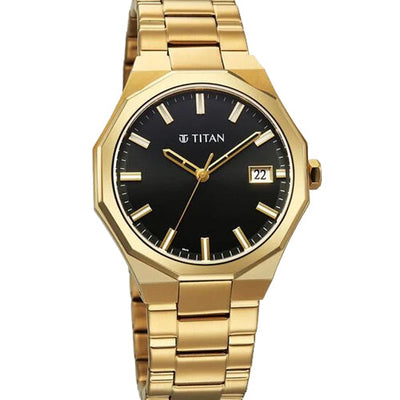 Titan Regalia Dodecagon Quartz Analog with Date Black Dial Golden Stainless Steel Strap Watch For Men 40mm 90212YM01