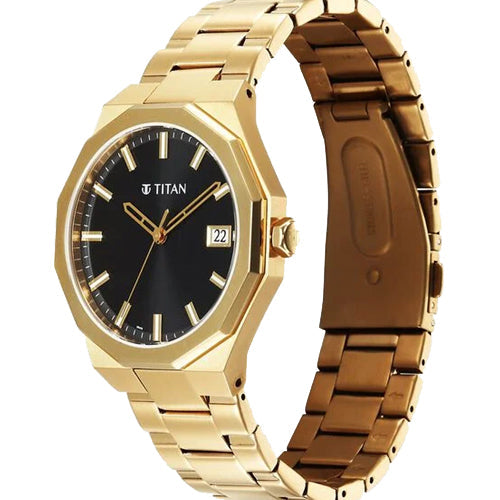 Titan Regalia Dodecagon Quartz Analog with Date Black Dial Golden Stainless Steel Strap Watch For Men 40mm 90212YM01