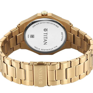 Titan Regalia Dodecagon Quartz Analog with Date Black Dial Golden Stainless Steel Strap Watch For Men 40mm 90212YM01