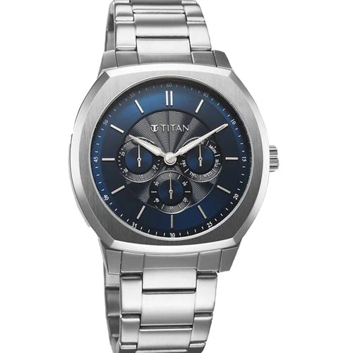 Titan Regalia Arc Analog with Day Date Second Subdial and Blue Dial Stainless Steel Strap Watch for Men 44mm 90213SM01