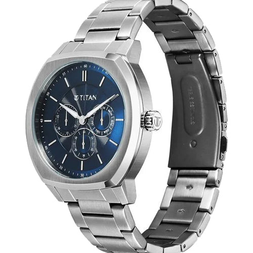 Titan Regalia Arc Analog with Day Date Second Subdial and Blue Dial Stainless Steel Strap Watch for Men 44mm 90213SM01