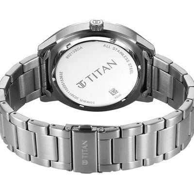 Titan Regalia Arc Analog with Day Date Second Subdial and Blue Dial Stainless Steel Strap Watch for Men 44mm 90213SM01
