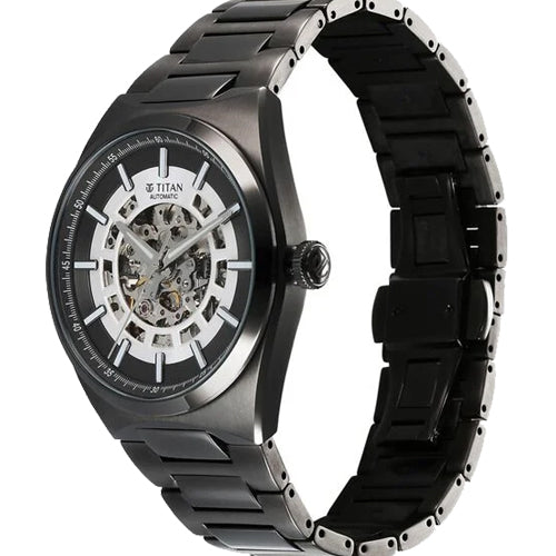 Titan Nexus Skeletal Automatic Analog with Gun Dial Gun Stainless Steel Strap Watch for Men 42mm 90221QM02