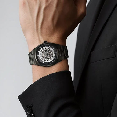 Titan Nexus Skeletal Automatic Analog with Gun Dial Gun Stainless Steel Strap Watch for Men 42mm 90221QM02