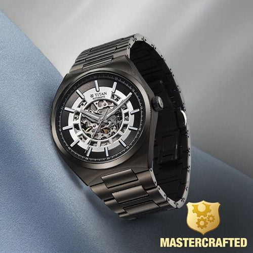 Titan Nexus Skeletal Automatic Analog with Gun Dial Gun Stainless Steel Strap Watch for Men 42mm 90221QM02
