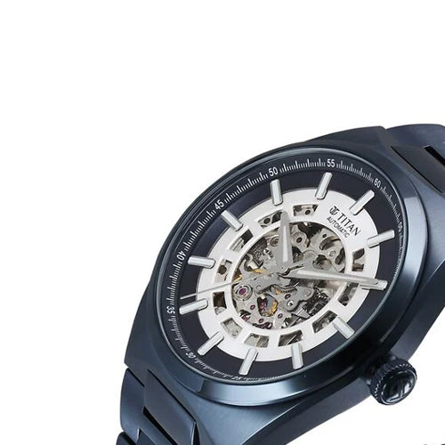 Titan Nexus Skeletal Automatic Analog with Blue Dial Blue Stainless Steel Strap Watch for Men 42mm 90221QM03