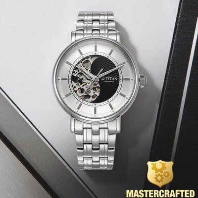 Titan Yin Yang Skeletal Automatic Analog with Black Dial Silver Stainless Steel Strap Watch for Men 42mm 90222SM01