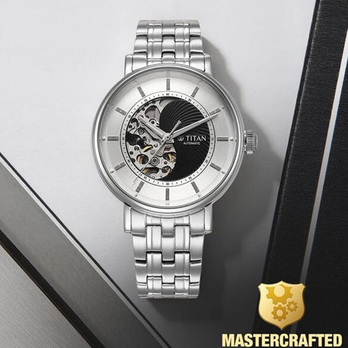 Titan Yin Yang Skeletal Automatic Analog with Black Dial Silver Stainless Steel Strap Watch for Men 42mm 90222SM01
