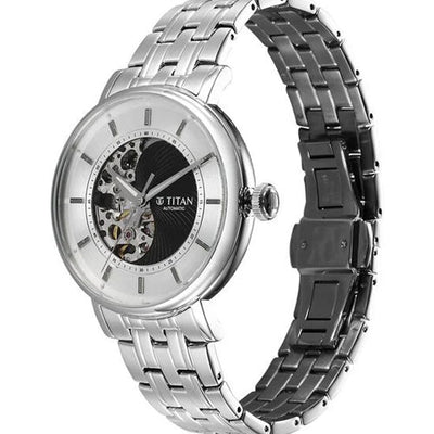 Titan Yin Yang Skeletal Automatic Analog with Black Dial Silver Stainless Steel Strap Watch for Men 42mm 90222SM01
