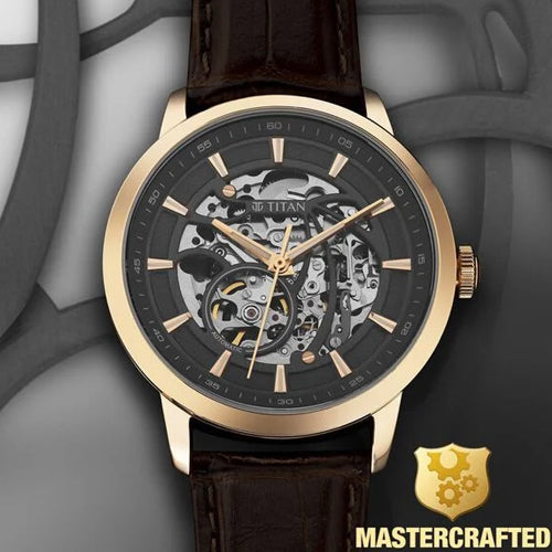 Titan Phoenix Skeletal Automatic Analog with Gun Dial Brown Leather Strap Watch for Men 43mm 90223WL01