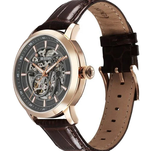 Titan Phoenix Skeletal Automatic Analog with Gun Dial Brown Leather Strap Watch for Men 43mm 90223WL01