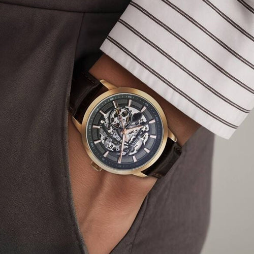 Titan Phoenix Skeletal Automatic Analog with Gun Dial Brown Leather Strap Watch for Men 43mm 90223WL01