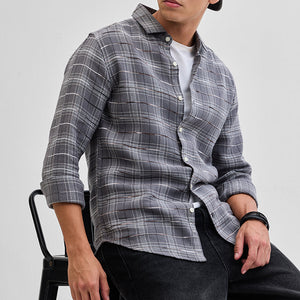 Grey Slub Textured Checks Shirt