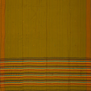 Olive Green Handloom Bengal Cotton Saree With ( Dora ) Stripes in Green, Brown and Red