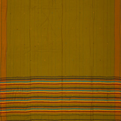 Olive Green Handloom Bengal Cotton Saree With ( Dora ) Stripes in Green, Brown and Red