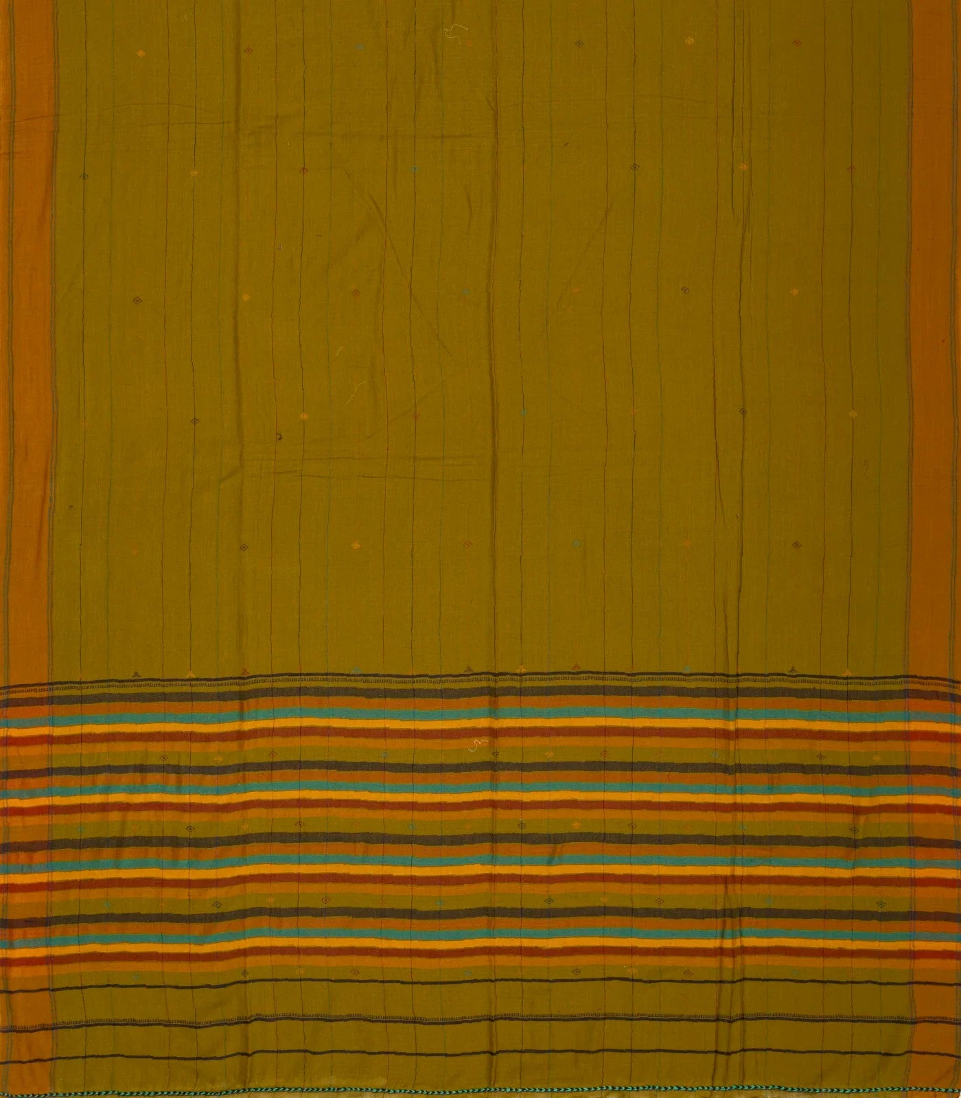 Olive Green Handloom Bengal Cotton Saree With ( Dora ) Stripes in Green, Brown and Red