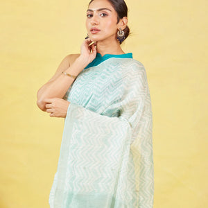 White Handloom Tussar Silk Saree With Chevron Motifs