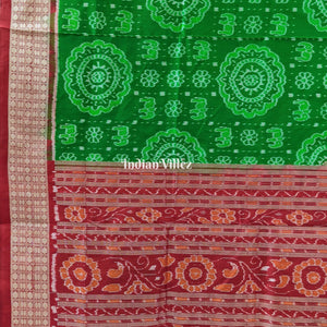 Green Red Elephant & Flower motif  Sambalpuri Ikat Silk Saree