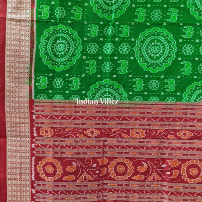 Green Red Elephant & Flower motif  Sambalpuri Ikat Silk Saree