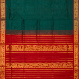 Teal Handloom Silk Cotton Saree With Contrast Red Border