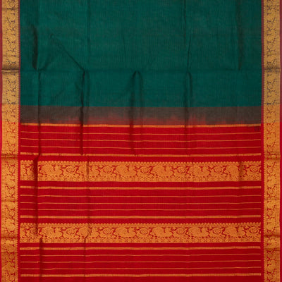 Teal Handloom Silk Cotton Saree With Contrast Red Border