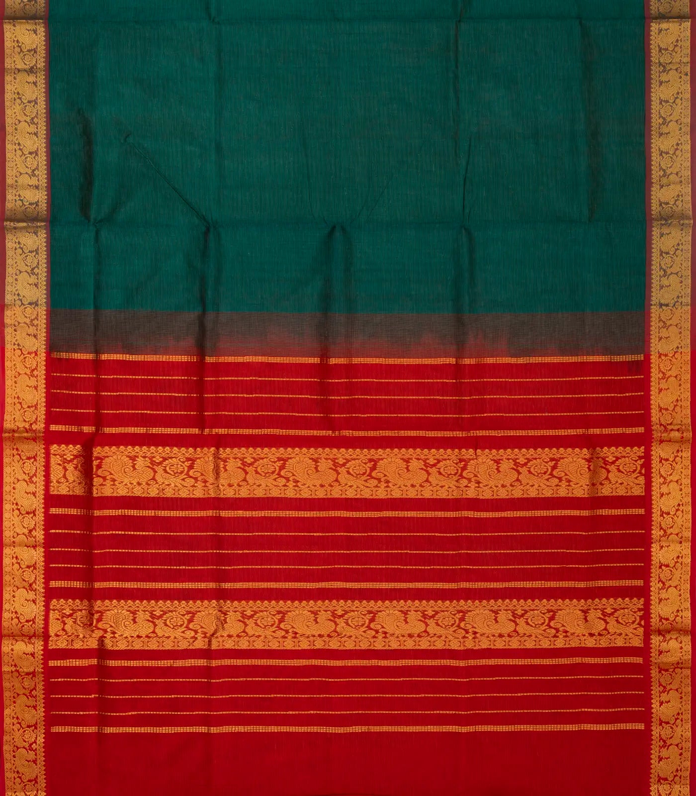 Teal Handloom Silk Cotton Saree With Contrast Red Border