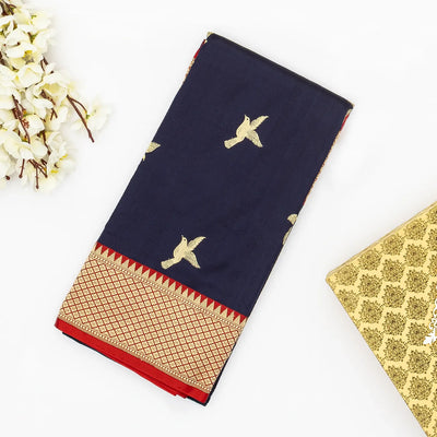 Midnight Blue Handloom Banarasi Silk Saree With Bird Buttas & Contrast Border