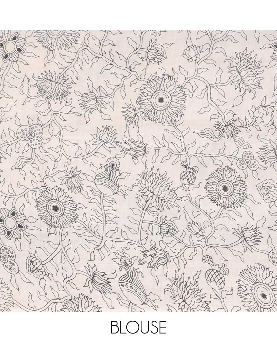 Black floral machine-printed kalamkari cotton saree, self-border & pallu of Pichwai cow & radha krishna motif