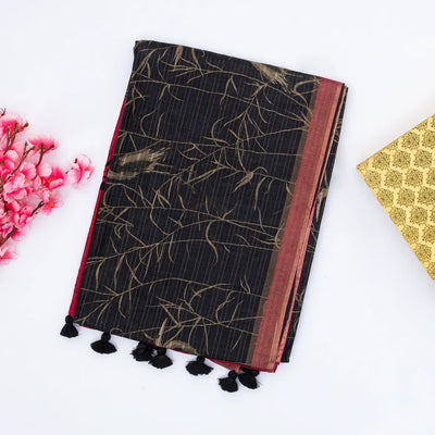 Black Handloom Tussar Silk Saree Printed With Birds Motifs