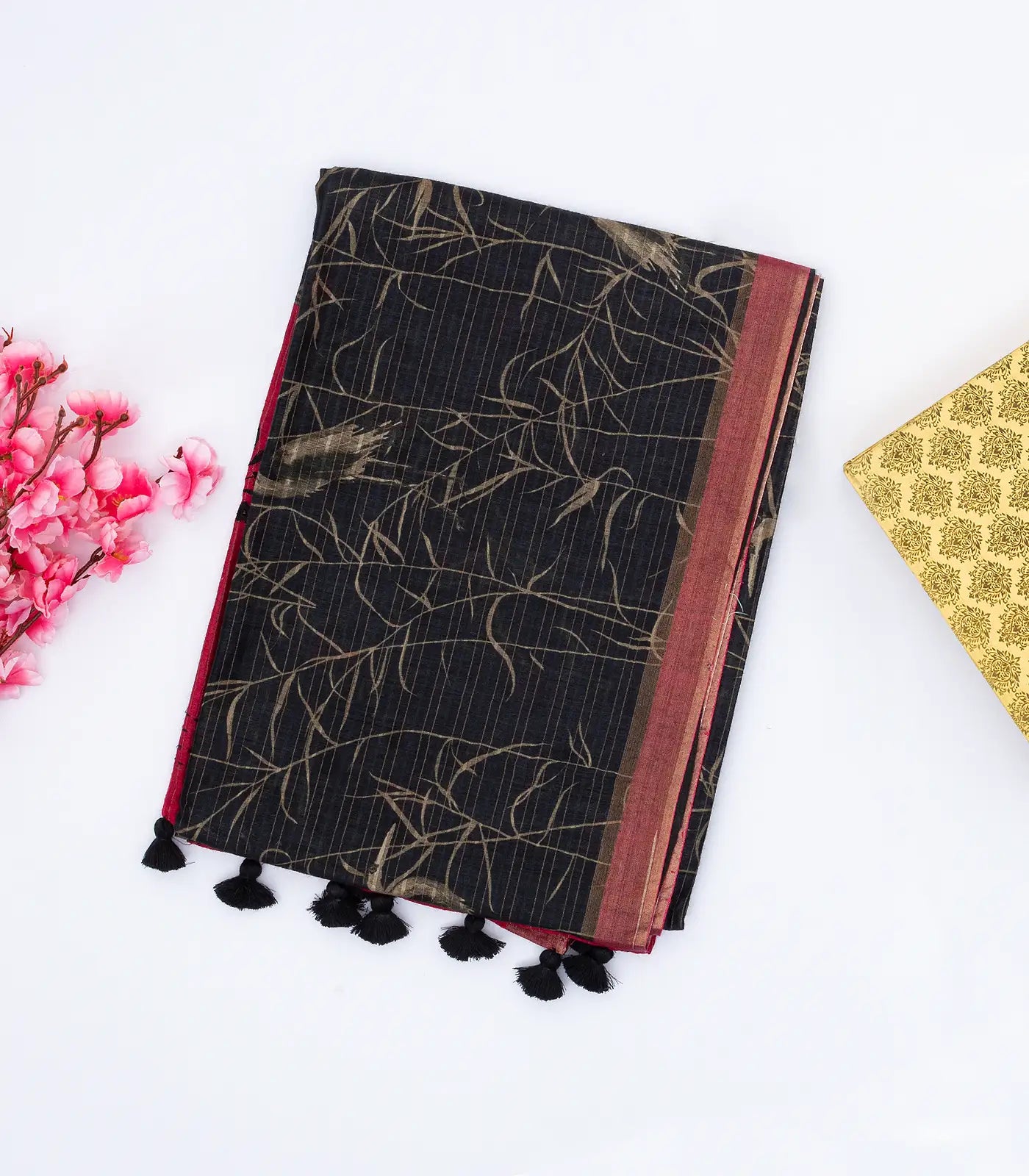 Black Handloom Tussar Silk Saree Printed With Birds Motifs