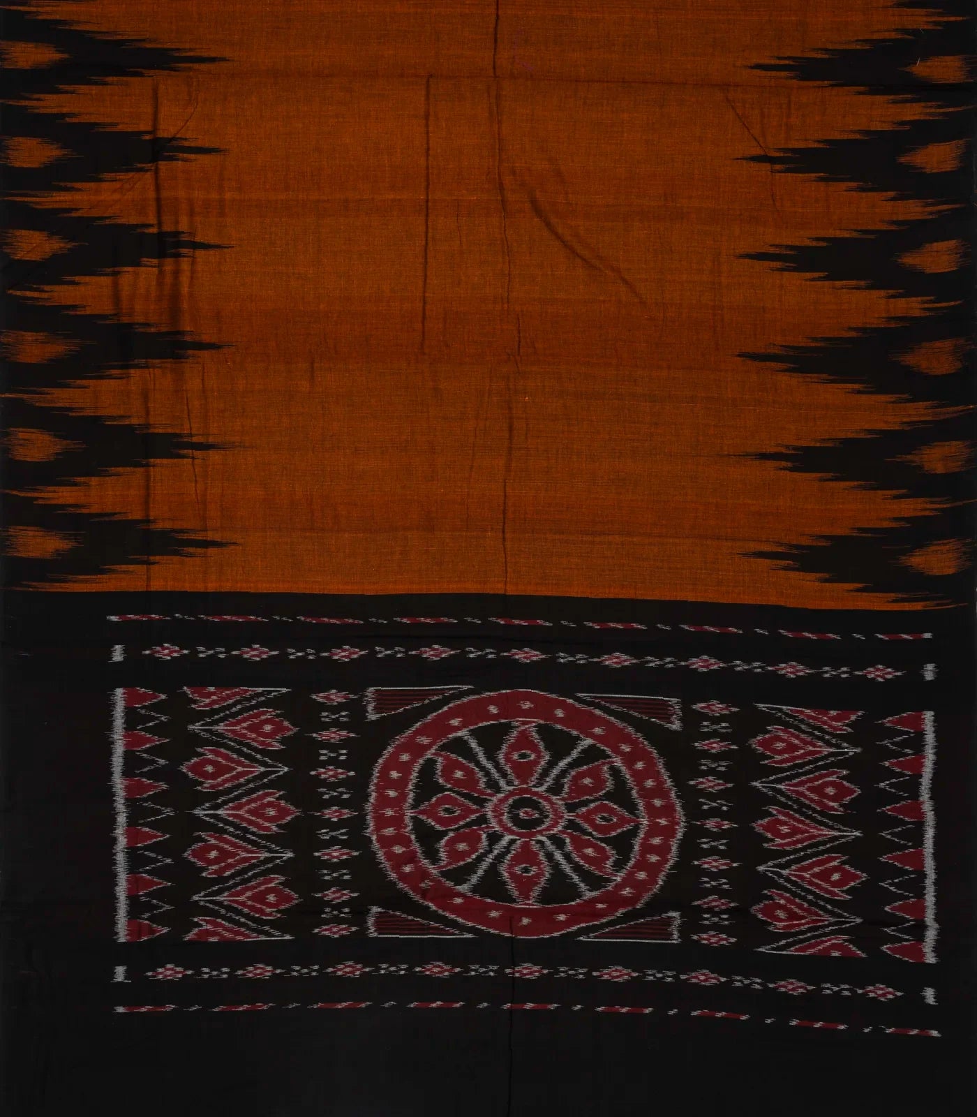 Rust Handloom Orissa Cotton Saree With Black Temple border