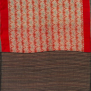 Beige Handwoven Printed Tussar Silk Saree With Bird Motifs and Contrast Red Border-Beige