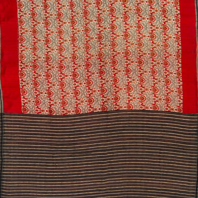 Beige Handwoven Printed Tussar Silk Saree With Bird Motifs and Contrast Red Border-Beige