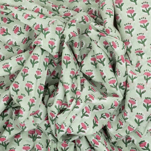 Light Green Woven Jaipur Cotton Saree With Pink Printed Floral Motifs