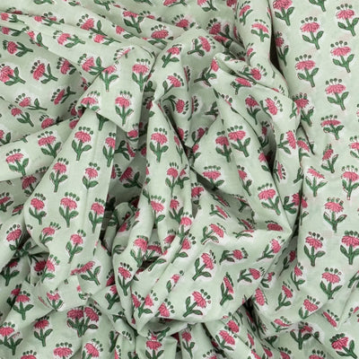 Light Green Woven Jaipur Cotton Saree With Pink Printed Floral Motifs