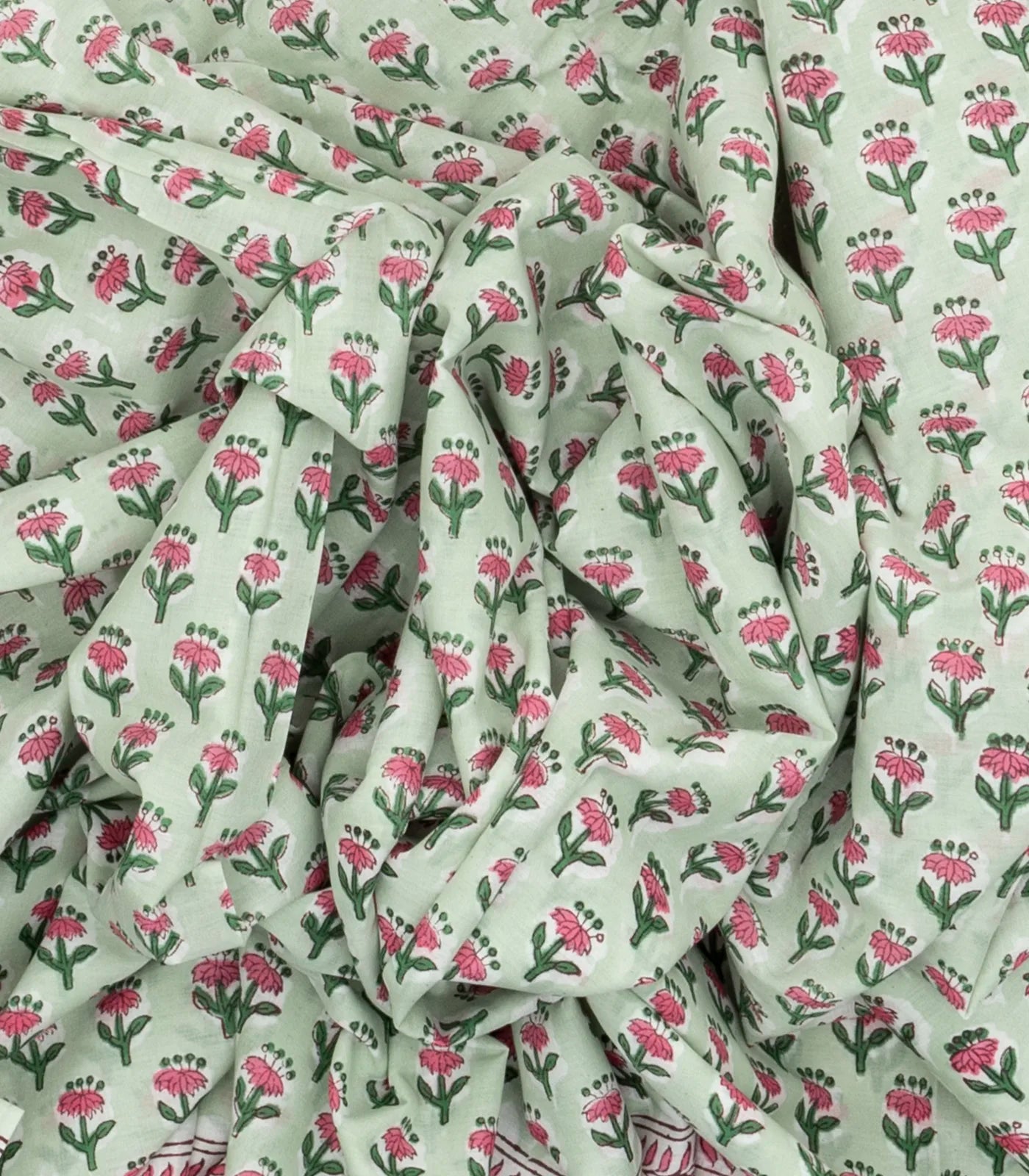 Light Green Woven Jaipur Cotton Saree With Pink Printed Floral Motifs