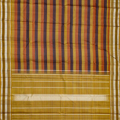 Dark Olive Handloom Kanchipuram Silk Saree With Multi Colour & Zari Stripes