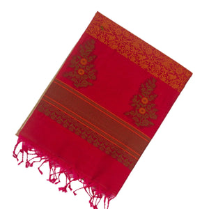 Taupe Handloom Kora Silk Cotton Saree With Buttas & Pink Pallu